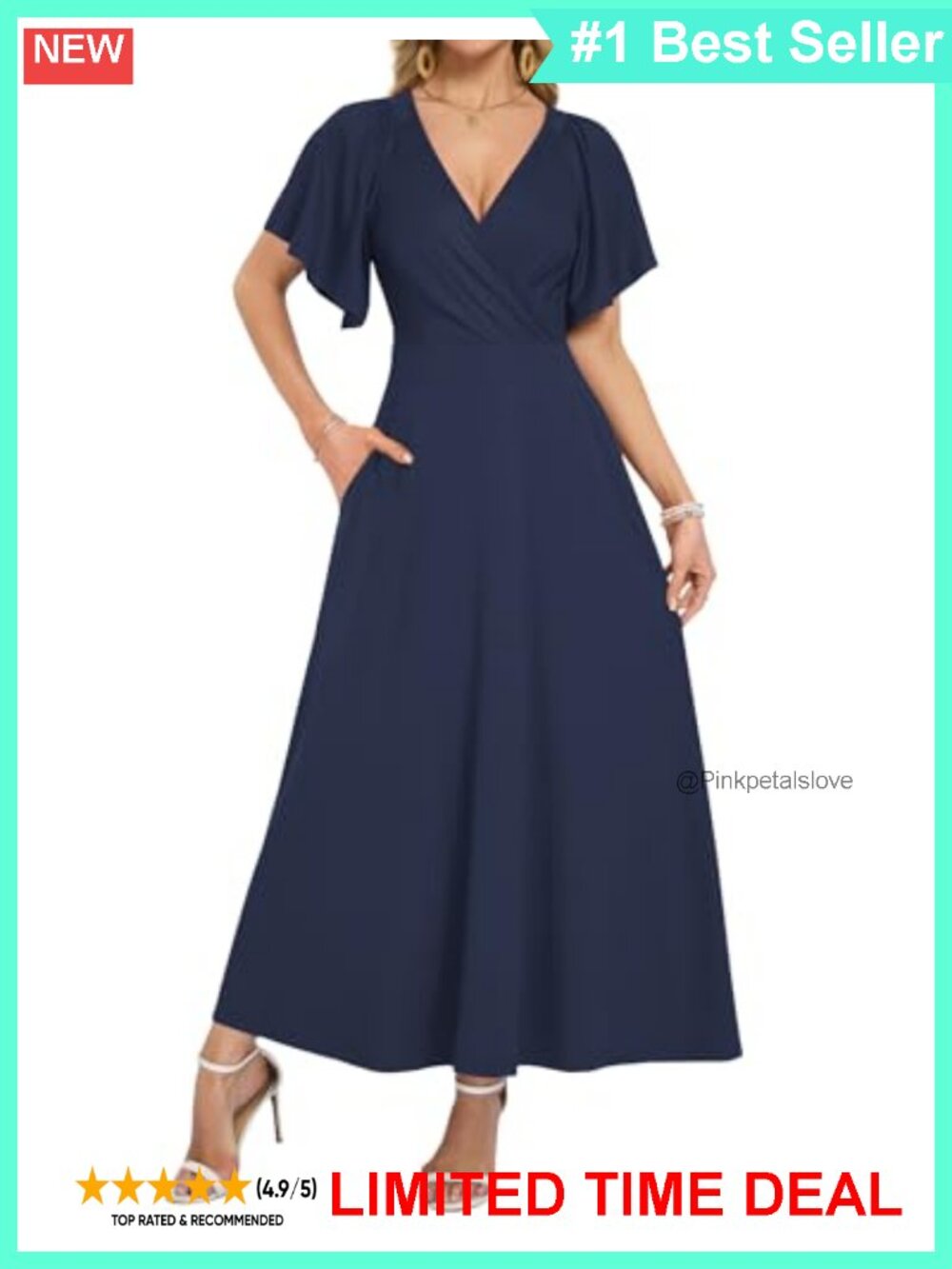 Flowy Ruffle Sleeve V Neck Wrap Maxi Dress Side Pockets